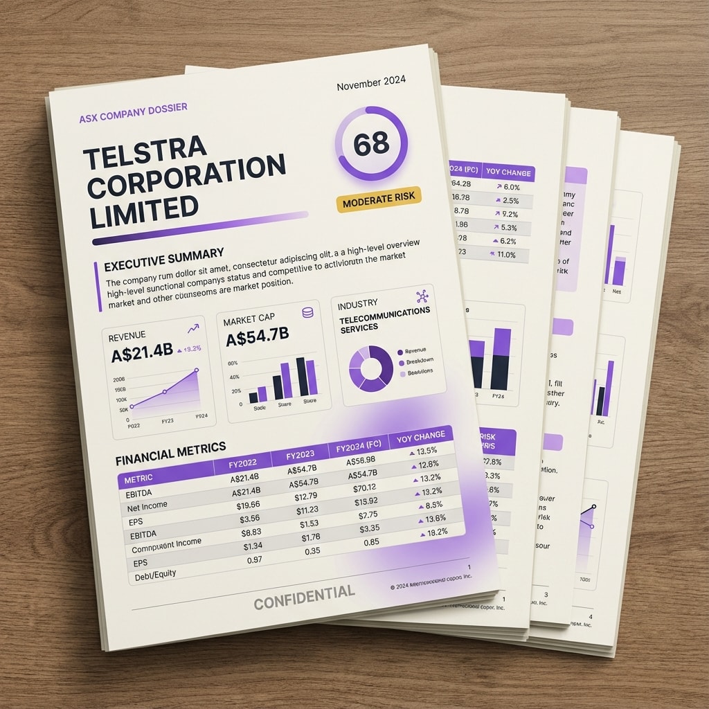 Premium ASX Company Dossier report showing professional multi-page document with financial analysis, risk scores, and comprehensive company intelligence